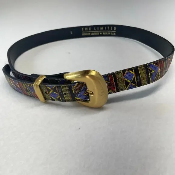 VTG The Limited Leather Belt Multicolor Abstract Geometric Statement Gold Buckle - Picture 10 of 10